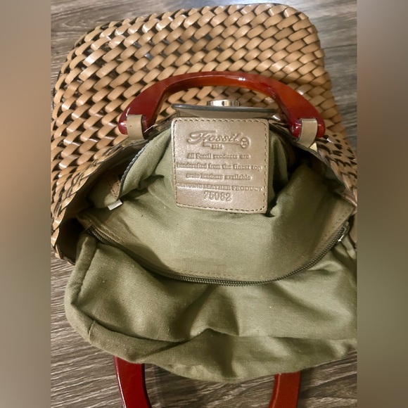 Fossil Vintage Brown Woven Leather Purse Hand Bag With Wooden Handle Bohemian - Picture 7 of 10